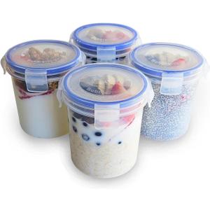 Overnight Oats Container with Lids (4-Piece set) - 16 oz Plastic Containers with Lids - Oatmeal Container to go | Portable Cereal and Milk Container on the go | Airtight Snap Lock Storage Jars