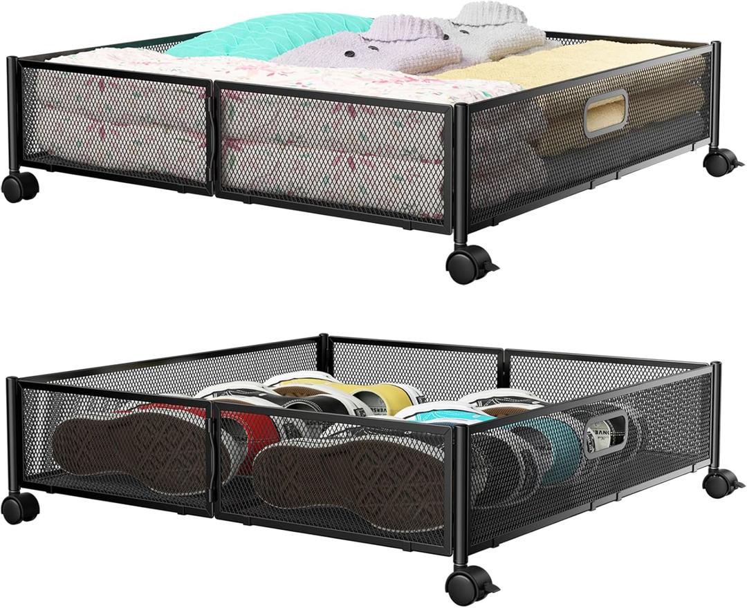 PHINOX Under Bed Storage Containers with Wheels - Shoe Storage Organizer Drawer, Tool-free Assembly Metal Underbed Storage for Bedroom Clothes, Shoes, Blankets - 2Pack (2 Pack(23.623.6"), Black)