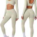 ABOCIW Workout Sets for Women Long Sleeve Crop Top Scrunch Butt Lifting High Waist Leggings 2 Piece Gym Yoga Outfits (Large, Pistachio)
