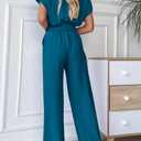 PRETTYGARDEN Women's Short Sleeve V Neck Jumpsuits Summer Long Pants Rompers Business Casual Outfits (Lake Blue, Medium)