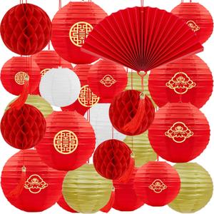 25Pcs Chinese Lunar New Year Decorations 2026 Red Paper Lanterns Fan Honeycomb Balls Hanging for Vietnamese TET Japanese Hibachi Mid Autumn Festival Party Home Decor