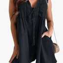 Women's Sleeveless V Neck Shorts Denim Romper Tie Front Ruffle Cute Loose Jean Short Overalls with Pockets L Black