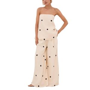 Women Polka Dot 2 Piece Outfits Spot Strapless Tube Top High Waist Wide Leg Pants Lounge Set Summer Tracksuit L