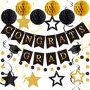 Seenelling 2026 Graduation Decorations Black and Gold Congrats Grad Banner with Hanging Swirl Honeycomb Ball Circle Garland Grad Party Favor Supplies for College Senior High School Classroom Decor
