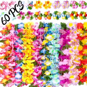 Moon Boat 60 Pieces Hawaiian Luau Leis - Tropical Tiki Hibiscus Flowers for Summer Pool Party Favors Supplies Decorations - 10 Styles