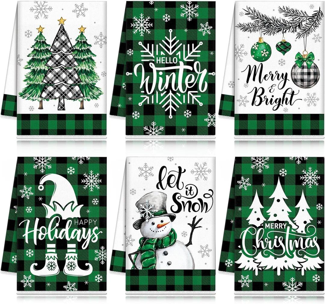 6 Pcs Winter Kitchen Towels Green Snowman Snowflake Dish Towels 21 x 14 Inch Decorative Black Buffalo Plaid Bathroom Hand Towel Farmhouse Tea Towel Green Winter Decor for Kitchen Bathroom Gift