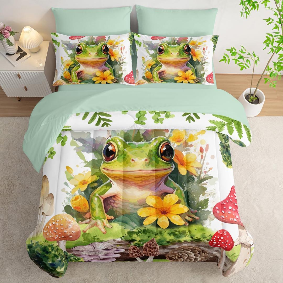 AILONEN Green Frog Comforter Set Queen 7-Piece Bed in a Bag,Tropical Amphibian Tree Frog Bedding Set for Kids Boys Girls,Soft Comforter & Fitted Sheet with Flat Sheet,2 Pillowcases,2 Pillow Shams