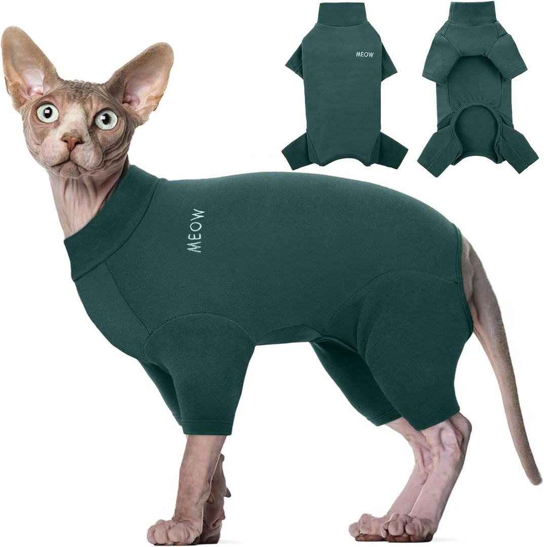 ROZKITCH Sphynx Cat Clothes, Breathable Soft Cat Jumpers for Cats Only, Coat with Four Legs, Warm Sweater T-Shirt Pajamas Jumpsuit Vest Cornish Rex Devon Rex Peterbald DarkGreen M (Back Length:11.81")