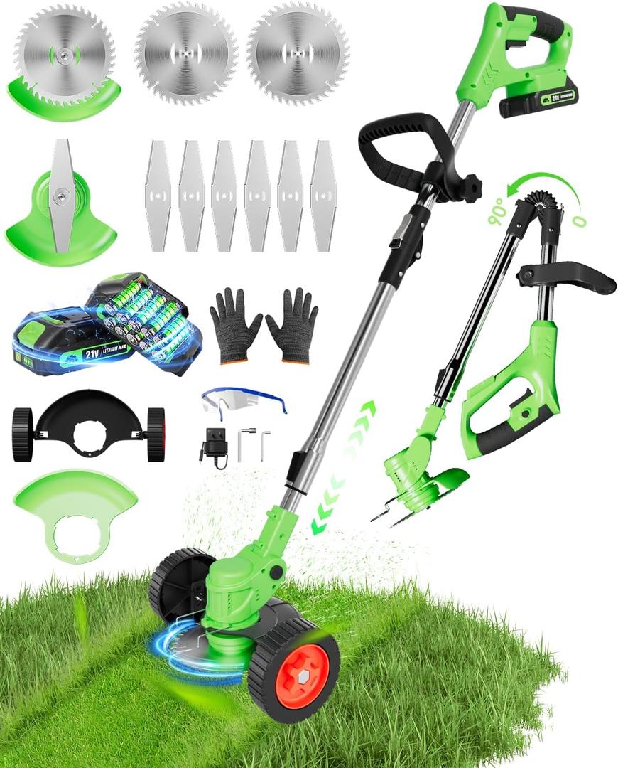 Cordless Weed Wacker, 2-in-1 stringless Weed Wacker, Foldable 2.0Ah Battery Powered Weed Trimmer Stringless Grass Trimmer/Edger Lawn Tool for Yard Lawns Garden