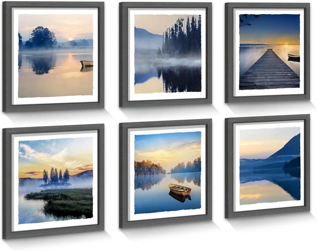 Framed Lake Scenery Wall Art: Calming Forest Fog Print Pictures Relaxing Nature Landscape Painting Contemporary Frames Mountain Tree Artwork 6 Pieces Sunset Picture for Bedroom Living Room