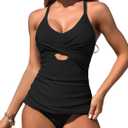 ZAFUL Women's Tankini Bathing Suits Tummy Control Twist Front High Waisted Cut Out Swimsuits Two Piece Swimwear (XX-Large, 1-black)