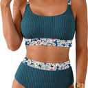 Herseas Women's Textured Bikini Sets Floral Print Trim Scoop Neck Swimsuits High Waisted Bathing Suits (Blue, S)