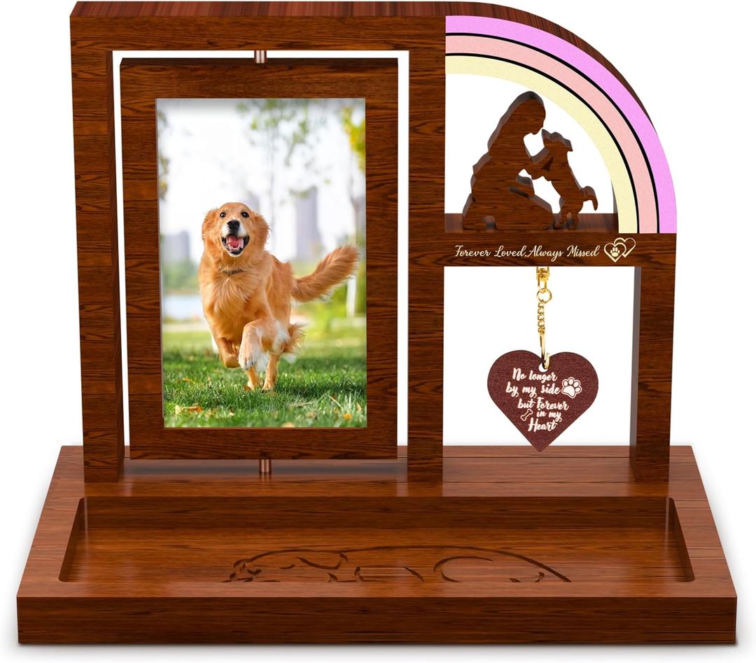 Pet Memorial Gifts for Dog Picture Frame with Rainbow Bridge, Wooden Rotating Picture Frame 4x6 Photo, Pet Loss of Dog Sympathy Gift for Cat Bereavement Remembrance Keepsake (11.2in)