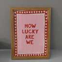Framed How Lucky Are We Wall Art, Vintage Pink Inspirational Canvas Wall Decor Painting, Trendy Preppy Stripe Romantic Quotes Posters Prints Pictures for Bedroom Dorm Valentine Gift 12x16 Inch