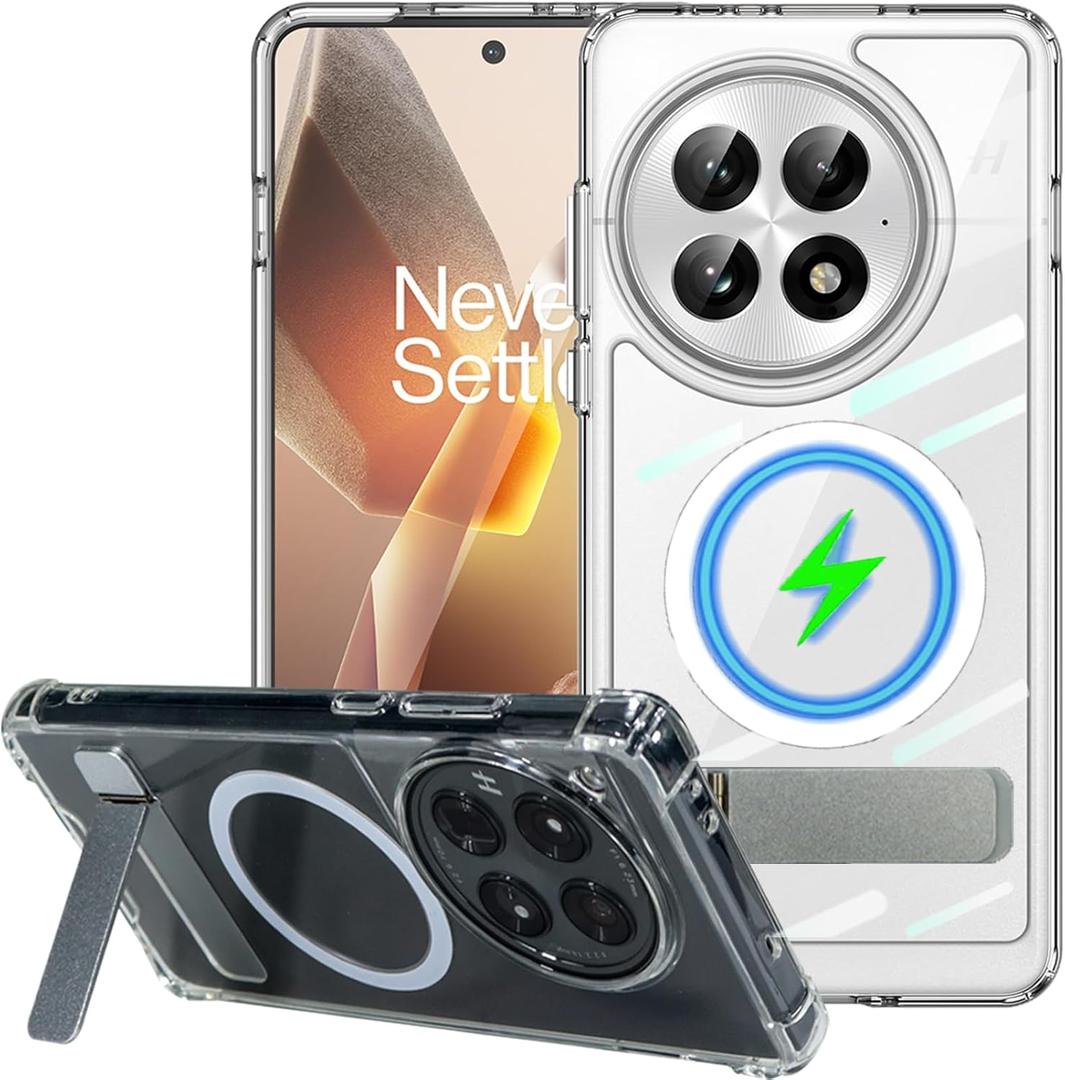for OnePlus 13 Case Clear Compatible with MagSafe, Built-in Flat Metal Kickstand & Strong Magnetic, Thicken Bumper Frame Military Grade Protection, Anti-Yellowing Phone Cover for One Plus 13