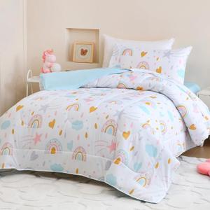 Toddler Size Sky Blue Comforter Set for Kids, Toddler, Boys&Girls, 4 Pieces Bed-in-a-Bag Bedding Set, All Season Ultra Soft Oeko TEX Sheets Set with Comforter, (Rainbow)