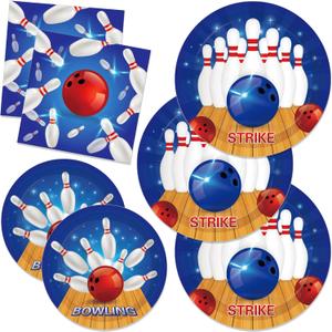 Bowling Birthday Paper Plates Party Bowling Disposable Tableware Set Party Supplies Tissue Theme Dinnerware Cutlery Kits Serves 24 Guests for Party Plates Napkins 88PCS