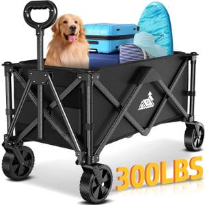 Collapsible Wagon Carts with Large Capacity, Utility Beach Wagons Heavy Duty Foldable,Side Pockets,300lb Load-Bearing Outdoor for Camping, Garden, Sports, Picnic, Shopping-Black U-h