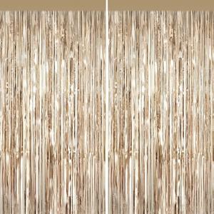 2 Pack Champagne Gold Metallic Tinsel Foil Fringe Curtains, Door Streamers Photo Booth Backdrop for Birthday Party, Tinsel Curtain Backdrop for Christmas, New Years Eve Party Decorations