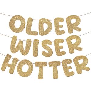 Fulmoon Set of 3 Pre Strung Older Wiser Hotter Glitter Banner Funny Birthday Banner for Women 30th 40th 50th 60th 70th 80th Birthday Party Decorations Sign Gift(Champaign Gold)