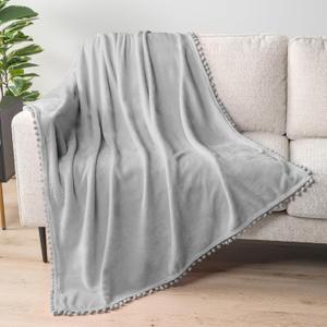 PAVILIA Fleece Throw Blanket for Couch with Pom Pom Fringe, Light Grey, Soft Cozy Fuzzy Flannel Blanket for Sofa Bed, Lightweight Plush All Season Throw, 50x60 Inches
