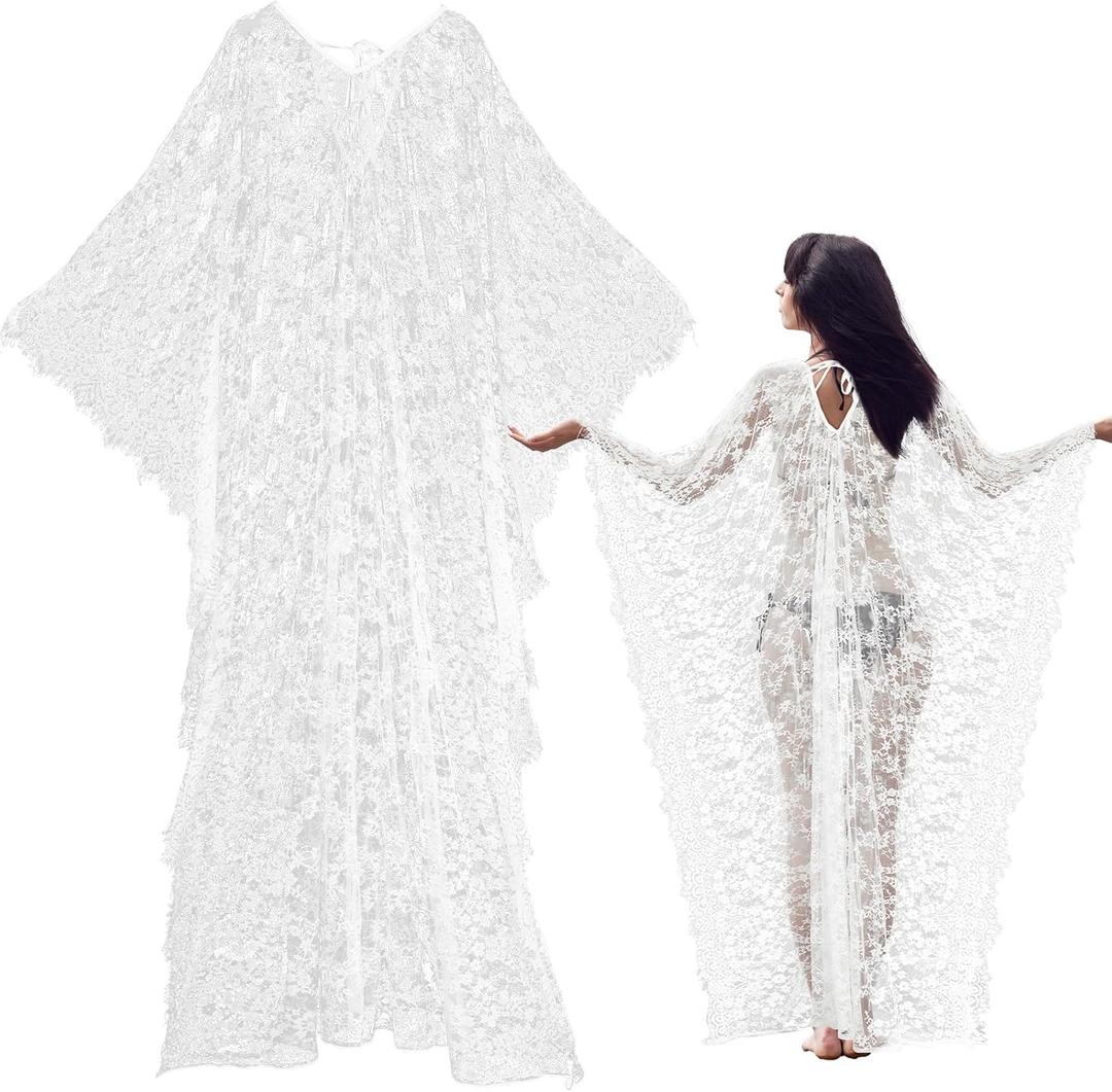 Mepase Boho Witch Lace Kimono Kaftan Dress Robe Bikini Swimsuit Beach Cover up for Women Maternity Halloween Vampire Costume (White)