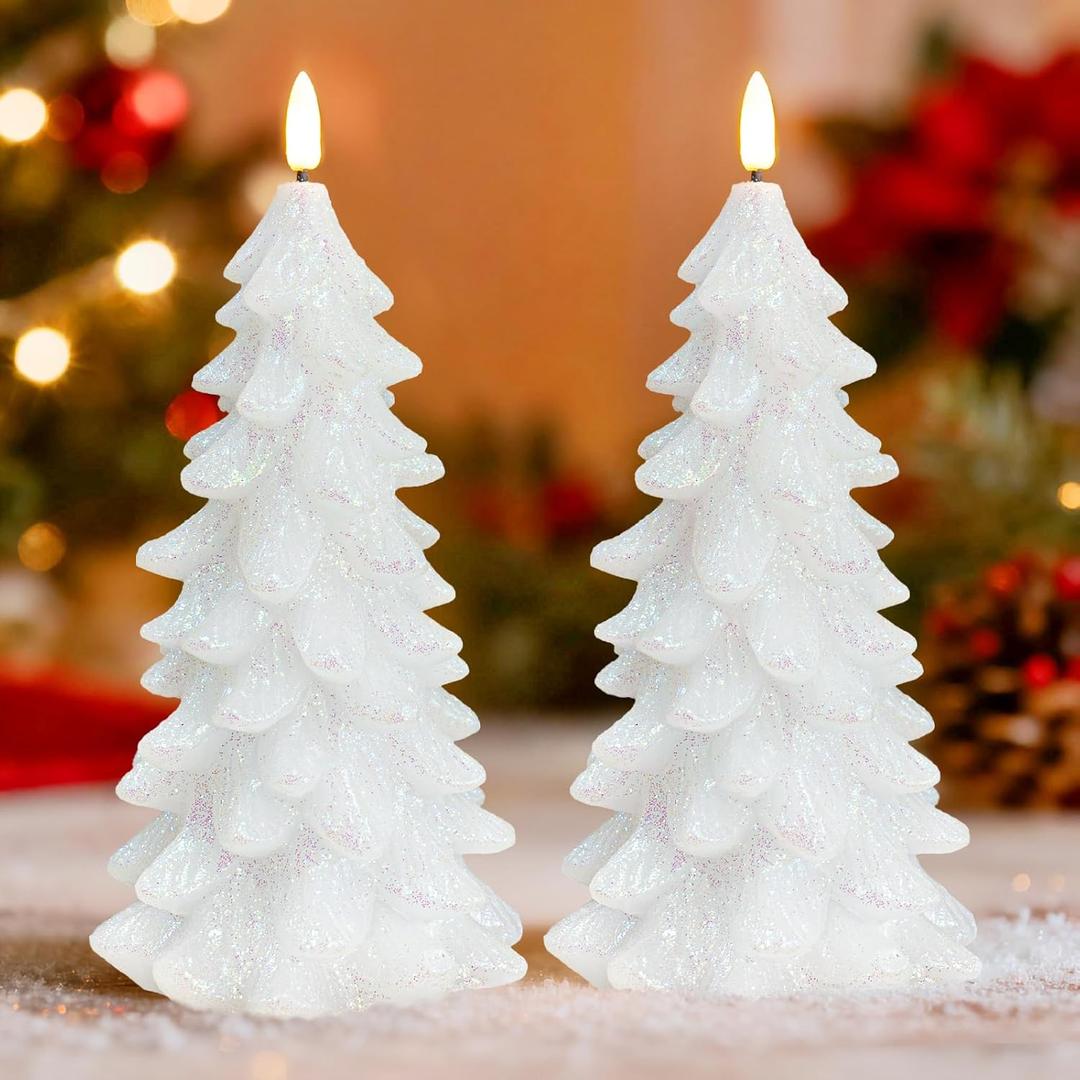 Glittering Christmas Tree Shaped Flameless Candles, Flickering Real Wax Battery Operated LED Candles with Timer for Holiday Home Party Decorations, Set of 2 (White)