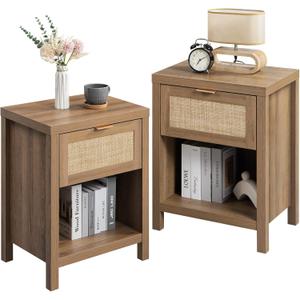 SICOTAS Rattan Nightstands Set of 2 - Farmhouse Night Stand with Drawer and Storage Shelf - Boho Bedside Table End Side Table for Bedroom, Oak (Reclaimed Caramel Oak)