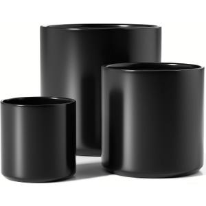 LE TAUCI 10+8+6 Inch Ceramic Pots for Plants, Indoor Planters with Drainage Hole and Plug, Modern Cylinder Flower Pots Set of 3 for Office and Living Room, Satin, Black, Medium