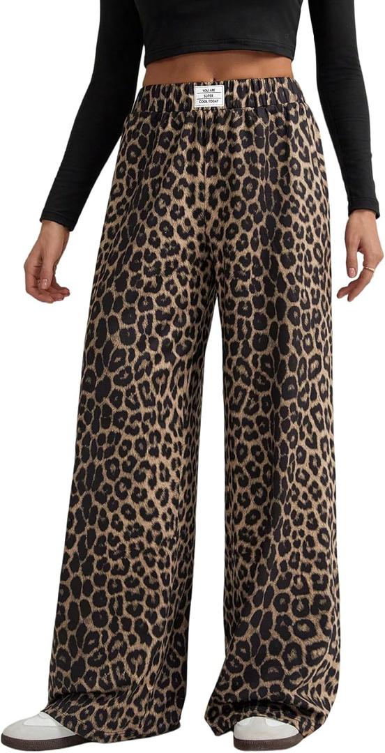 GORGLITTER Women's Leopard Cheetah Print Pants Wide Leg Elastic High Waisted Baggy Sweatpants Brown Medium