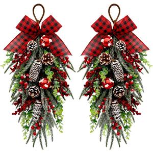 Christmas Teardrop Swag Decorations, Christmas Teardrop Wreath Artificial Bells Pinecones Berries Hanging Decor, Red Checked Bow Swag Decorations for Front Door Mantle Wall Indoor Home Decor