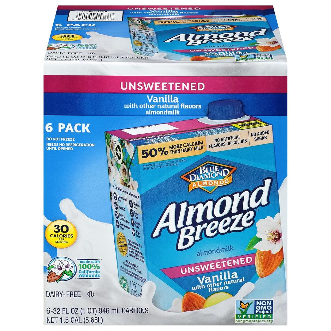 Almond Breeze Dairy Free Almondmilk, Unsweetened Vanilla, 32 Ounce (Pack of 6), Best Before Mar 04 2026 
