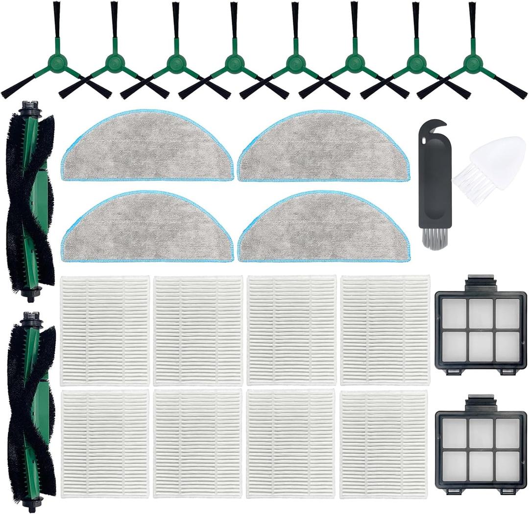 LOVECO Essential Replacement Parts Compatible for iRobot Roomba Vacuum 2 Essential Robot Q052, Y0140 Y014020 Y0110, 2 Roller Brush, 8 Hepa Filter, 8 Side Brush, 2 Primary Filter, 4 Mop Pad (2+8+8+4 ( Mop Pad Set), Origin)