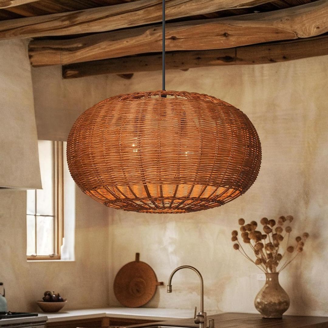 Arturesthome 2-Light Rattan Pendant Light Rustic Handwoven Wicker Hanging Light Ceiling Light Fixture for for Living Room Hallway Bedroom, 19.68W x 11.8H