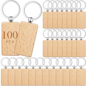 Yinkin 100 Pcs Wooden Keychain Blanks Bulk Laser Engraving Key Chain Unfinished Wooden Key Ring Tag for DIY Gift Crafts (Rectangle)