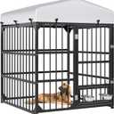 YITAHOME Outdoor Dog Enclosure with Rotating Feeder Bowls, 4'L x 4'W x 5'H Outside Dog Kennel with Roof, Heavy Duty Dog Cage for Small Medium Dogs