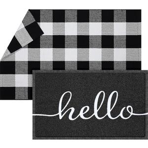 Geelin 2 Pcs 30'' x 18'' Doormat 43'' x 27.5'' Buffalo Plaid Outdoor Rug Layered Front Door Mat Outside Entrance Welcome Door Mats for Indoor Outdoor(Hello)