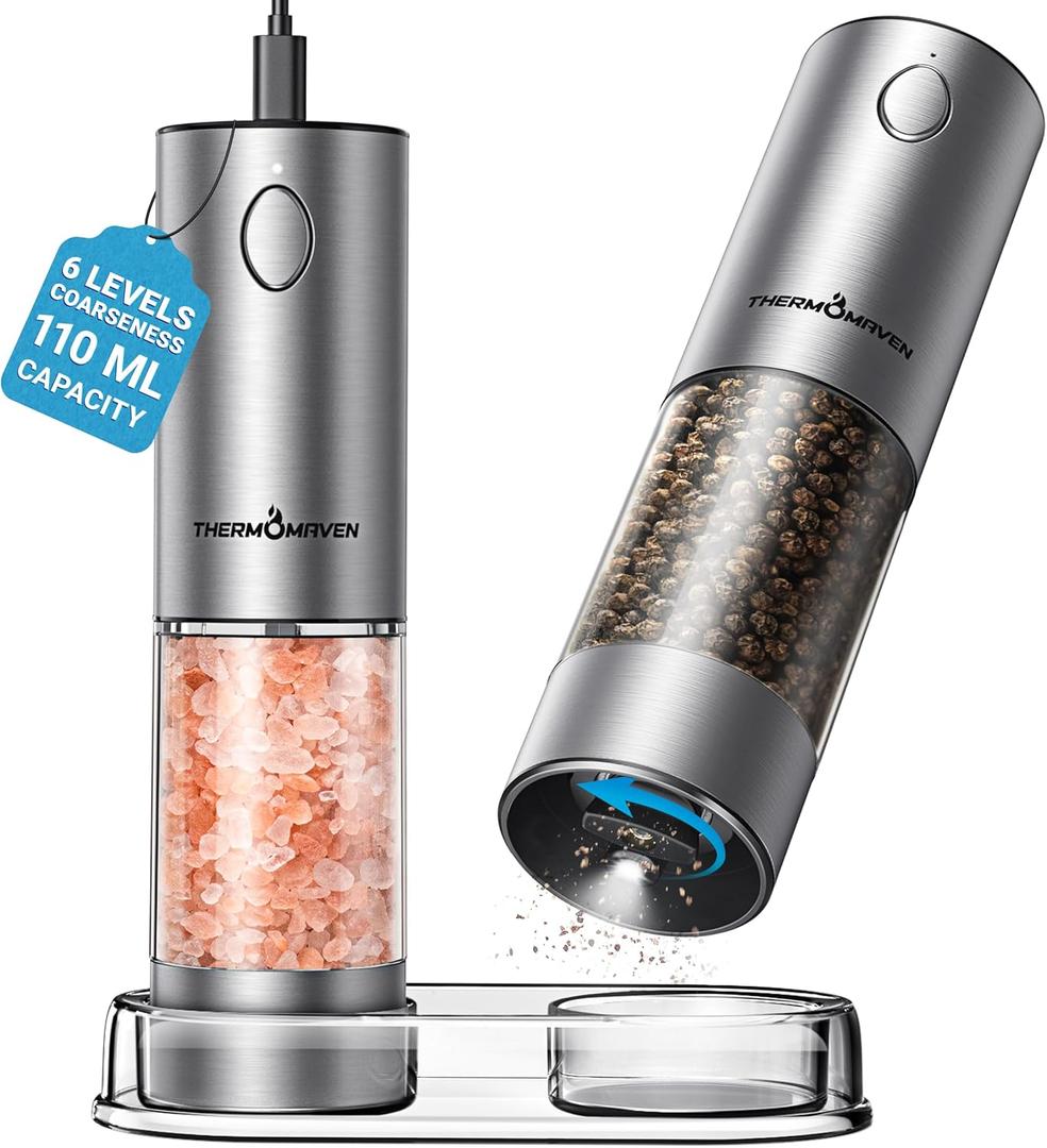 ThermoMaven Upgraded Larger Capacity Electric Salt and Pepper Grinder Set, 110ml Rechargeable Salt and Pepper Shaker with LED Light, Stainless Steel Automatic Pepper Mill with 6 Adjustable Coarseness (Silver)