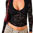 Falechay Women's Lace Long Sleeve Shirt Low Cut Y2K Slim Fit Top Bow Sexy Going Out Club Concert Clothes (Large, Black)