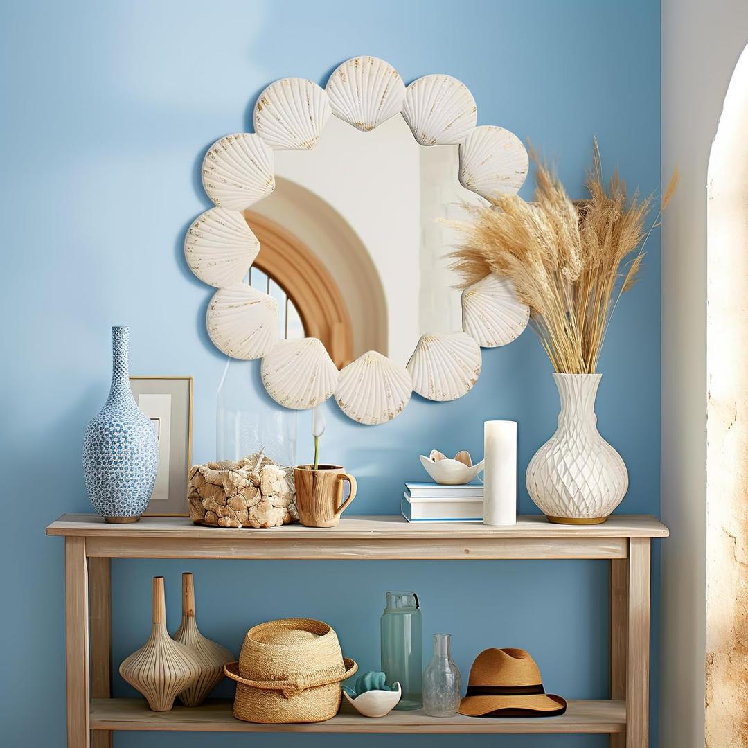 Shell Round Mirror,24 Inch Circle Coastal Wood Rustic Farmhouse White Seashell Wall Mirror for Bathroom,Bedroom,Vanity,Entryway,Hallway
