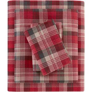 Woolrich Cotton Sheet Set Cottage Charms Print, 100% Cotton Flannel Sheets Warm & Fuzzy Bedding Set King Size Sheets, Fitted Pocket Fits Up to 14" Mattress, King Red Plaid, 4 Piece