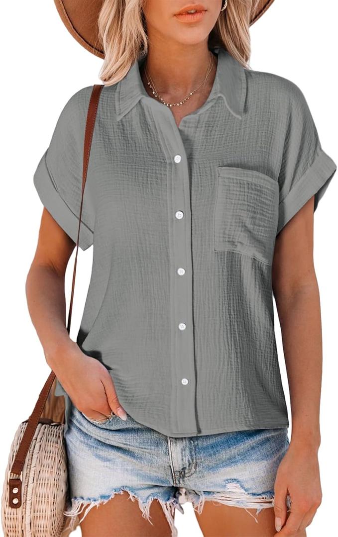 Astylish Women Summer Tops Cotton Short Sleeve Shirt V Neck Button Down Blouse Tunic Tops (Gray, L)