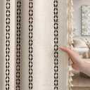 Beige Boho Blackout Curtains 2 Panels 84 Inch for Living Room Bedroom, Linen Texture Farmhouse Curtains with Tassels and Black Cotton Embroidery Vintage Rustic Western Rod Pocket
