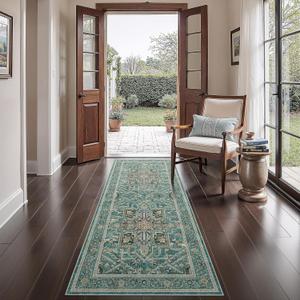 WITSHOCK 2x8 Teal Runner Rug for Hallway, Washable Rug Distressed Boho Soft Low Pile Stain Resistant Foldable Carpet for Kitchen Entryway Indoor Entrance Laundry Vintage Farmhouse Home Decor