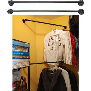 MYOYAY Corner Garment Rod 34 inches 2 Pack Industrial Pipe Clothes Hanging Bar For Corner Angle Adjustable Wall Mounted Clothes Rack Black Space Saving Metal Dryer Rails