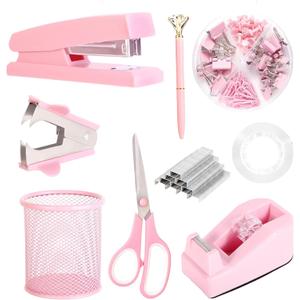 Pink Desk Accessories, Pink Office Supplies Set with Stapler, Tape Dispenser, Staple Remover, Pen Holder, Scissor, Binder/Paper Clips, Ballpoint Pen, Clear Tape and 1000pcs Staples