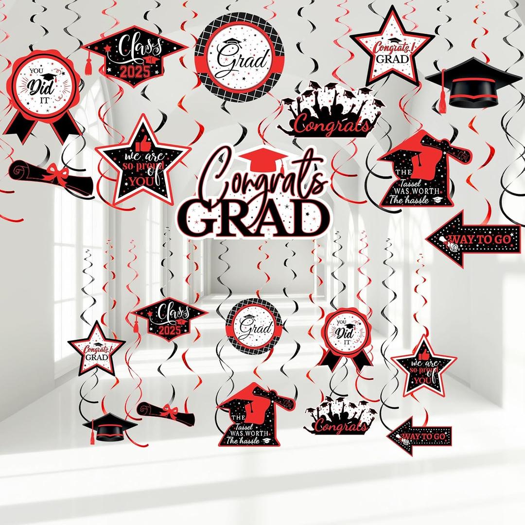 Sumind 30 Pcs Graduation Party Hanging Swirl Decorations Class of 2026 Congrats Grad Supplies Hat Foil Ceiling Streamers for 2026 Senior Prom Party(Glitter Red Black)