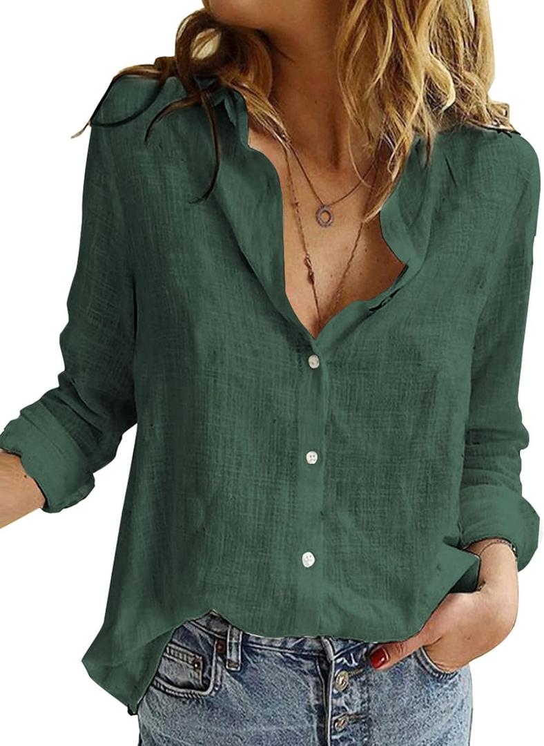 Astylish Womens V Neck Roll up Sleeve Button Down Blouses Tops (XX-Large)