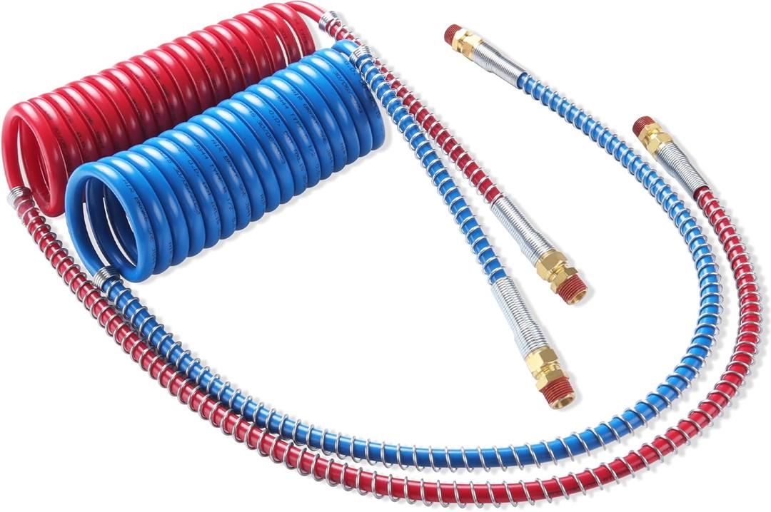 Semi Truck Air Brake Line Hose Coil Assembly Coiled Set Airline Kit Blue Red Pigtail Air Hose for Tractor Trailer,1/2" NPT DOT Fittings (15' Length x 40" Tractor Lead)