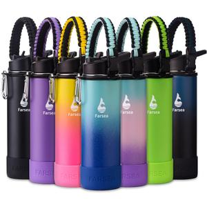 Farsea Insulated Water Bottle With Paracord Handle, Protective Boot and 2 Lids (Straw Lid & Spout Lid), Stainless Steel Water Bottle Wide Mouth, Double Wall Sweat-Proof BPA-Free, 24 oz